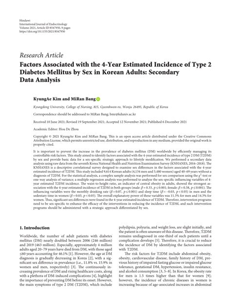 Pdf Factors Associated With The 4 Year Estimated Incidence Of Type 2 Diabetes Mellitus By Sex