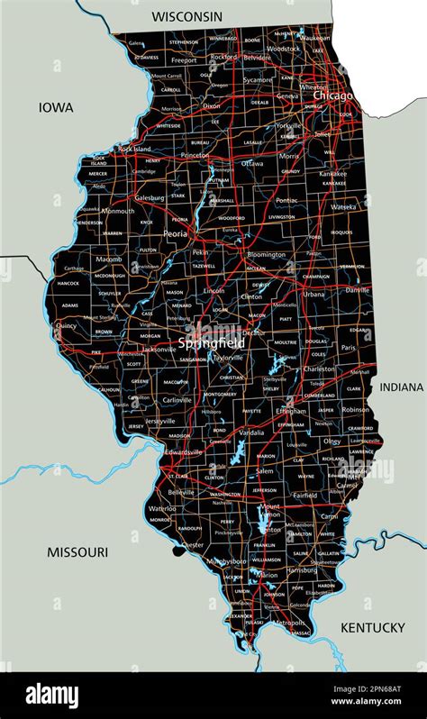 High Detailed Illinois Road Map With Labeling Stock Vector Image And Art