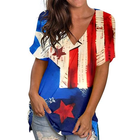 Mitankcoo 4th Of July Patriotic Shirts For Women Plus Size V Neck Short Sleeve Tees American