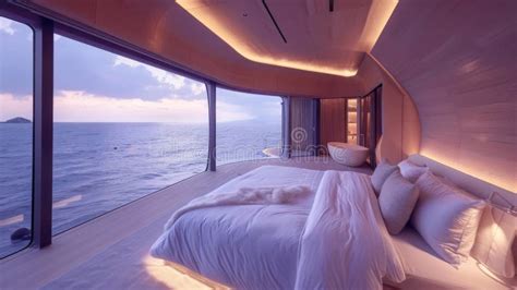 Luxurious Modern Bedroom with Panoramic Ocean View at Twilight Stock Image - Image of design ...