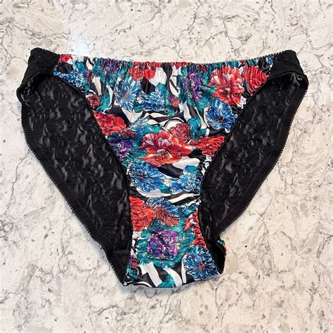 Vtg 10 L Floral Gloss SATIN STRING BIKINI PANTY Sheer Gem