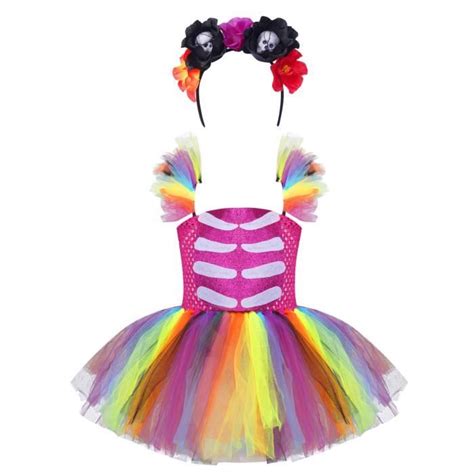 Iefiel Enfant Fille Tutu Robe Dhalloween Costume Squelette Sorcière