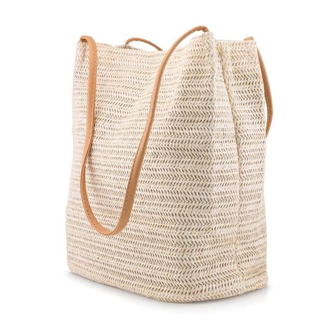 Oct17 Womens White Woven Straw Beach Tote Bag With Pu Leather Handles