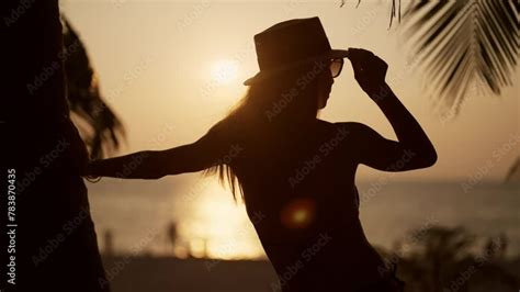 Woman Relaxes On Tropical Island Beach Close Up Woman In Bikini Admire View Under Palm Tree On