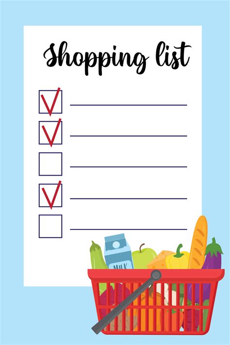 Shopping list template with supermarket busket with healthy food and ...