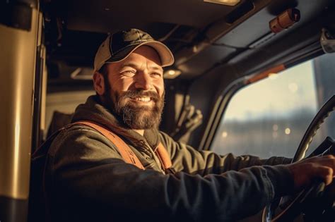 Um Motorista De Caminh O Sorridente Ao Volante De Um Caminh O