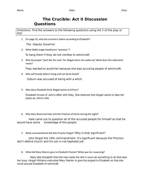 Act II Discussion Questions Gingher Name Date Class The Crucible