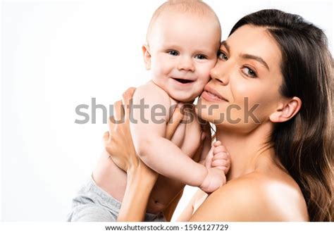 Portrait Attractive Nude Mother Holding Cheerful Stock Photo 1596127729