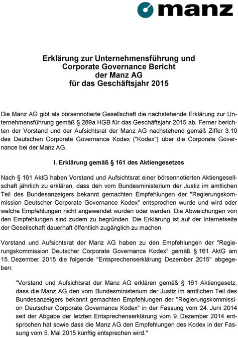 Erkl Rung Zur Unternehmensf Hrung Und Corporate Governance Bericht Der