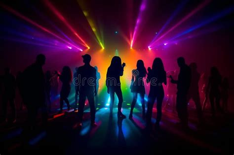 Colorful Disco Party Scene With Black Silhouettes Of People Dancing