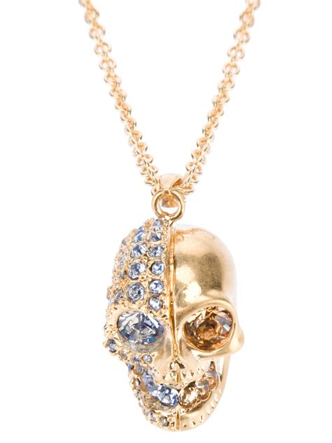 Lyst Alexander Mcqueen Crystal Embellished Skull Necklace In Metallic