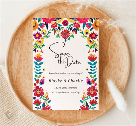 Vibrant Floral Mexican Save The Date Template 5x7 Folk Art Wedding