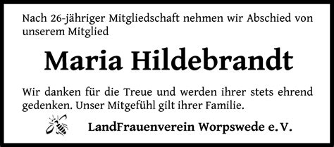 Traueranzeigen Von Maria Hildebrandt Trauer Gedenken