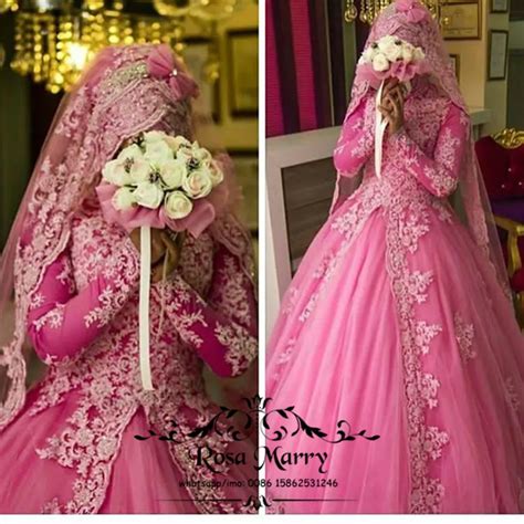 Elegant Pink Muslim Hijab Wedding Ball Gowns 2024 High Neck Lace