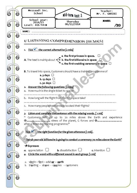 Mid Term Test For Th Form Maths Esl Worksheet By Faisool