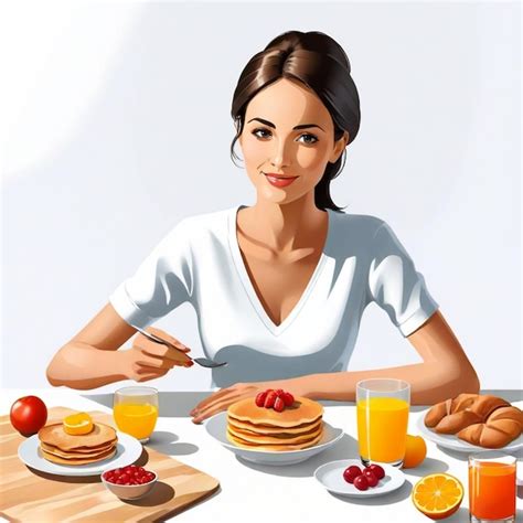 Woman Taking Breakfast Vector Set White Background Isolated Premium