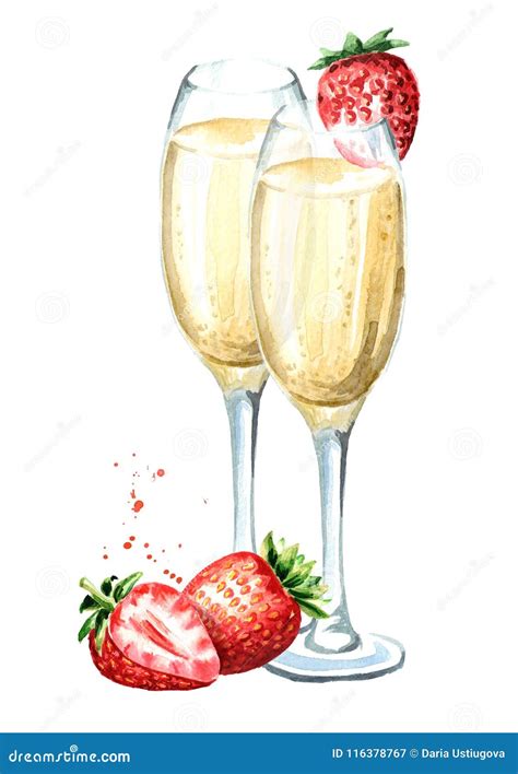 Two Glasses Of Champagne And Fresh Strawberry Watercolor Hand Drawn