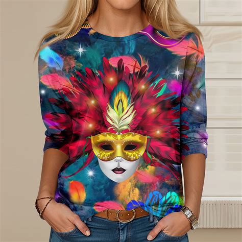 TQWQT Womens Mardi Gras Tops 3 4 Sleeve Crewneck Cute Shirts Casual