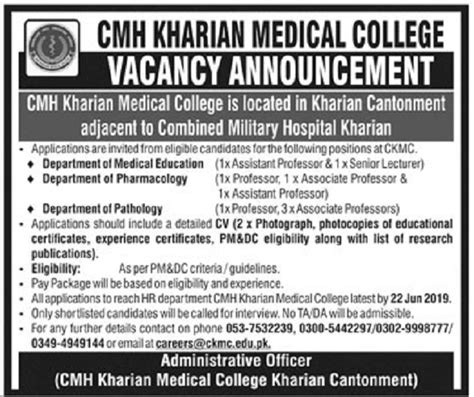 CMH Kharian Jobs 2019 for Teaching Faculty at CMH Hospital Latest