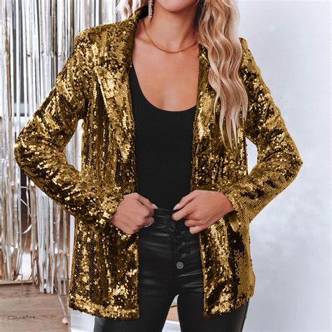 Blazer Paillettes Brillantes Pour Femme Manteau Ouvert Sur Le Devant