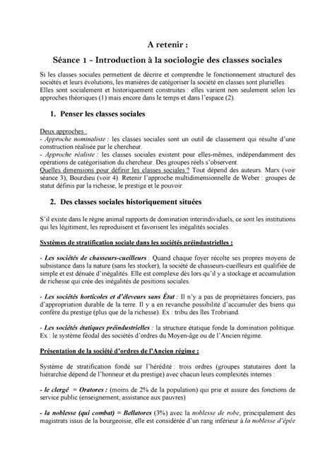 Sociologie Des Classes Sociales L T Cm Licence Sociologie A Retenir