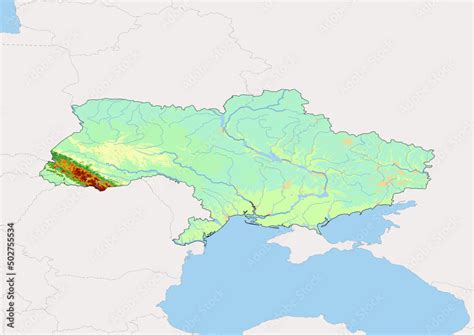 High detailed vector Ukraine physical map, topographic map of Ukraine ...