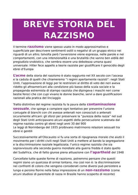 Breve Storia Del Razzismo Studi Storici E Filosofici Unipa Studocu