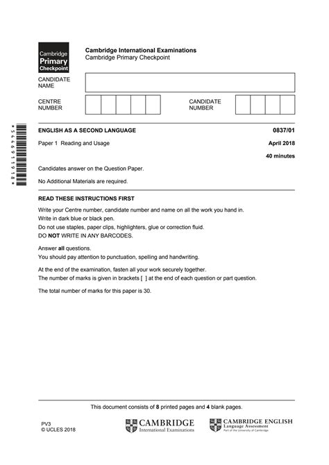 Solution Cambridge Primary Checkpoint English As A Second Language