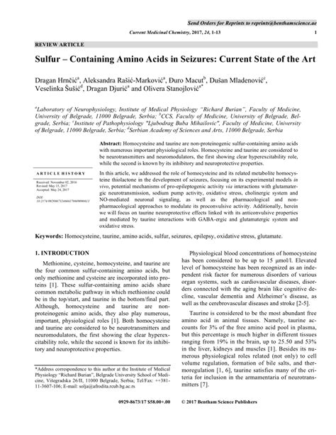 Pdf Sulfur Containing Amino Acids Homocysteine And Taurine In