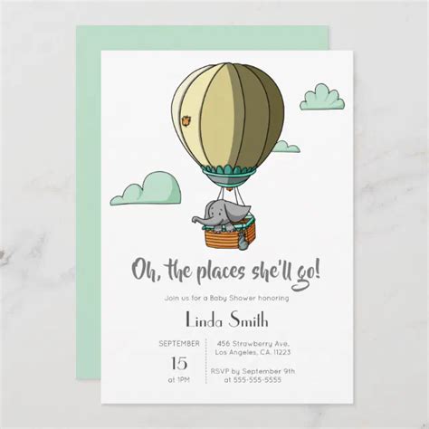 Elephant In Hot Air Balloon Neutral Baby Shower Invitation Zazzle