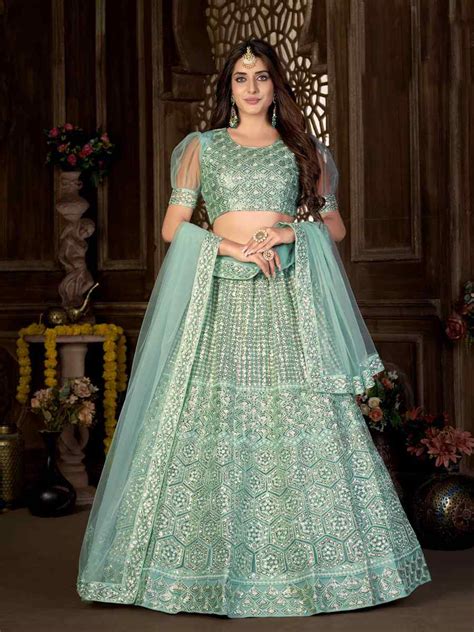 Sky Blue Net Embroidered Wedding Festival Heavy Border Lehenga Choli