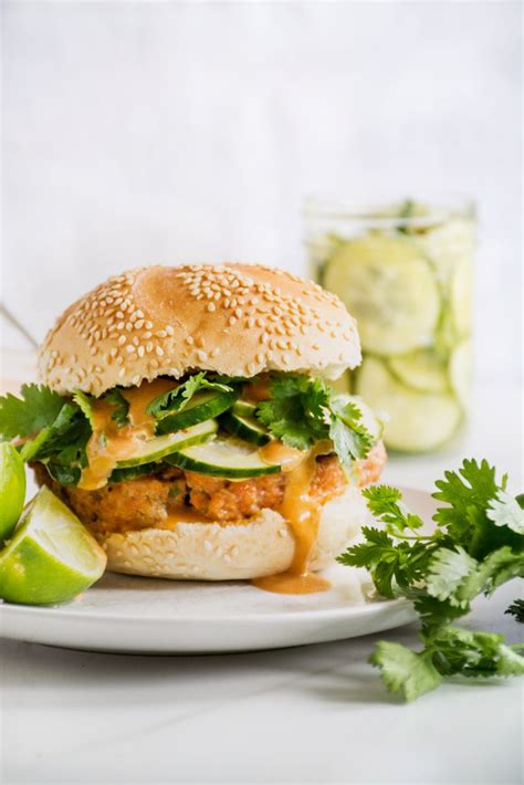 Salmon Burgers With Hoisin Sriracha Mayo And Quick Pickled Cucumbers