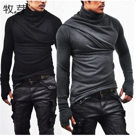 Men Cowl Neck Thumb Hole Cuffs T Shirt Long Sleeve Casual T Shirt