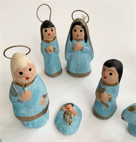 Mexican Nativity Set Handmade Folk Art Set Of 13 Figurines Vintage