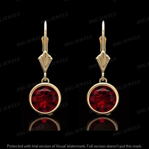 3Ct Round Bezel Set Red Ruby Vintage Drop Dangle Earrings 14k Yellow