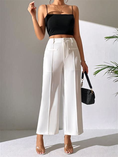 Shein Petite Pantalones De Pierna Ancha De Talle Alto Con Costura