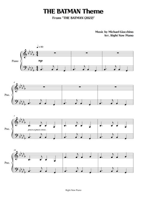 THE BATMAN THE BATMAN Theme Easy Piano By Right Now Piano Sheet Music