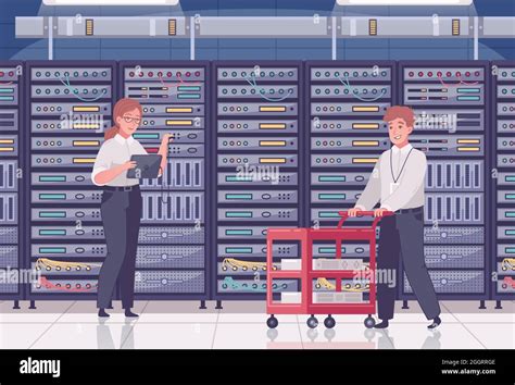 Datacenter Cartoon Composition With Indoor View Of Room With Rows Of