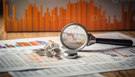 Magnifying glass on financial report with candlestick chart and coins