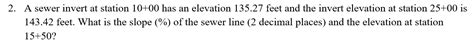 Solved 2. A sewer invert at station 10+00 has an elevation | Chegg.com