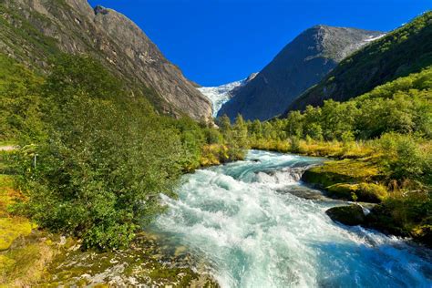 Briksdal Glacier River Jostedalsbreen National Park Norway Stock