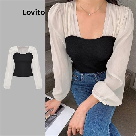 Lovito Elegant Plain Colorblock Frill Blouse For Women L Ed Black