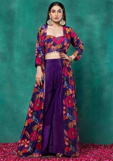 Buy Women Purple Sharara Set With Floral Print Embellished Blouse And