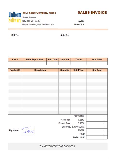 Sample Sales Invoice Template Using Handwritten Signature