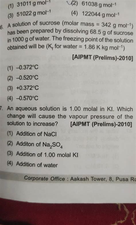 A solution of sucrose (molar mass =342 g mol−1 ) has been prepared by dis..