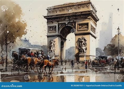 .Painting from a Watercolor Drawing of the Arc De Triomphe in France. Stock Illustration ...