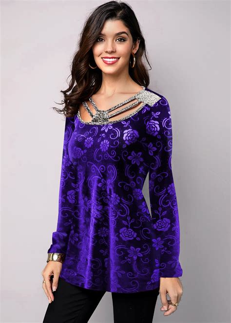 Rotita Plus Size Purple Floral Print T Shirt Rotita Usd