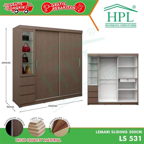 Jual Lemari Pakaian Sliding HPL 200 Coklat Tua Kayu LS531 Shopee