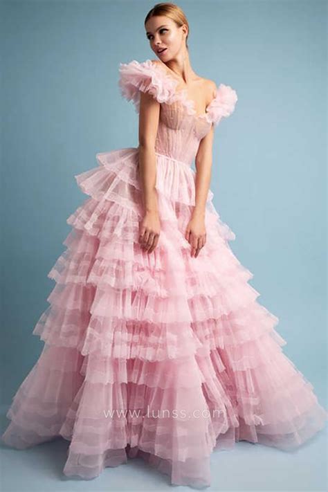 Ruffled Off The Shoulder Tiered Pink Princess Prom Dress Lunss