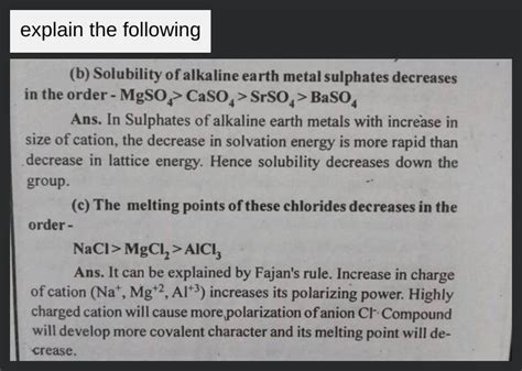 B Solubility Of Alkaline Earth Metal Sulphates Decreases In The Order